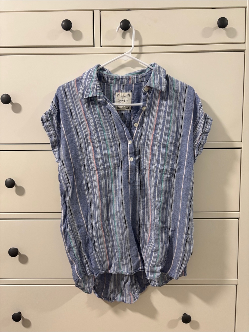 Style & Co. Light Blue Striped Button Shirt with Pink & Teal Accents